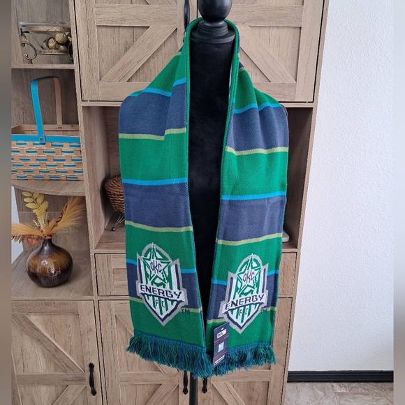 Ruffneck Accessories - New OKC Energy FC Soccer Oklahoma City Knit Scarf Unisex Green Blue White Fringe